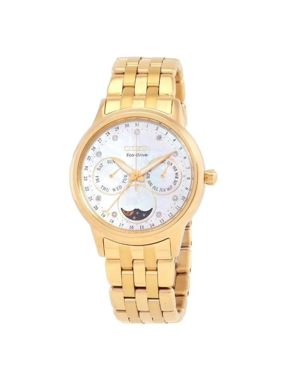 NWT Citizen Calendrier Moon Phase Diamond White Mother of Pearl Dial Ladies Watc